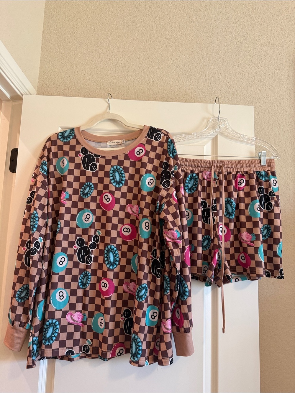 Southern Stitch Brown Checkered Set with Pink & Teal Accents